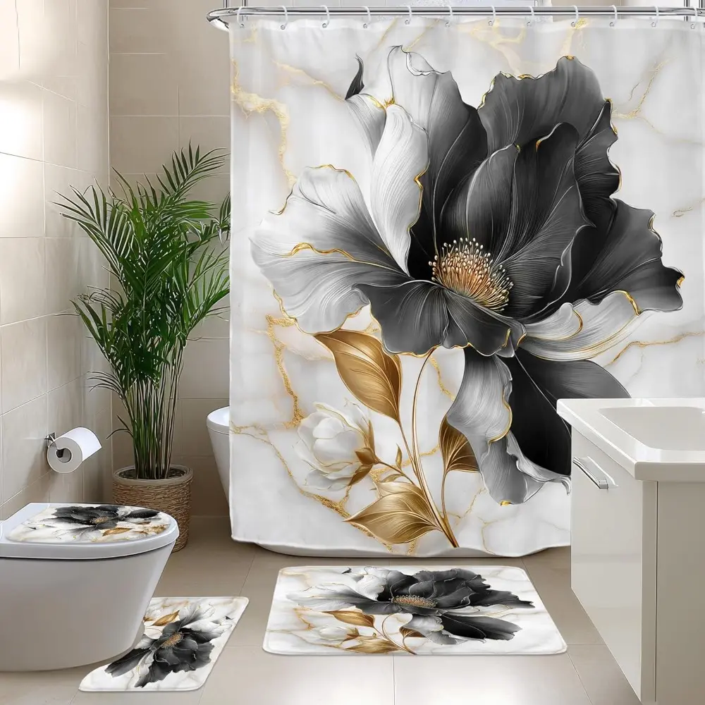Black gold floral pattern design, 4-piece shower curtain set, modern bathroom decoration, Bathroom Decoration Accessories, Bathroom accessory, with carpet (bath mat), 12 durable hooks, non slip floor mat, waterproof forest shower curtain, polyester fiber