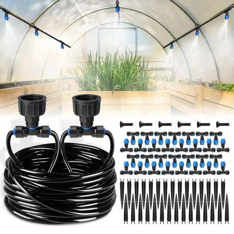 59ft to 118ft  Automatic Irrigation Kit, Greenhouse Mist Cooling System, Plant Watering Devices, Hanging Plants Automatic Irrigation Set Suitable for Courtyard Gardens, 1/4 Inch Adjustable Mist Nozzles with Quick Connector Design