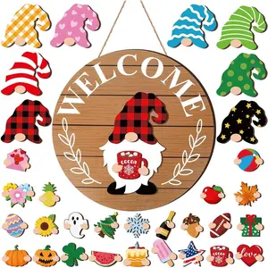 Interchangeable Wooden Gnome Decor Holiday Seasonal Gnome Decorations with Magnet Pieces and Detachable Hats Changeable Welcome Sign for Home(Simple Style)