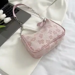 2025 New Fashion Felt Shoulder Bags for Women Small Casual Underarm Bag Female Hand Crossbody Bags for Women Purses and Handbags with Floral Design