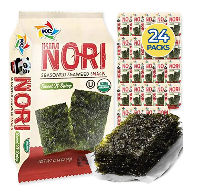 KIMNORI Seasoned Seaweed Snacks Sheets – Organic Sweet 'N Spicy Flavor 24 Individual Packs Roasted Crispy Premium 100% Natural Laver Kim Nori 4g 0.14 Ounce
