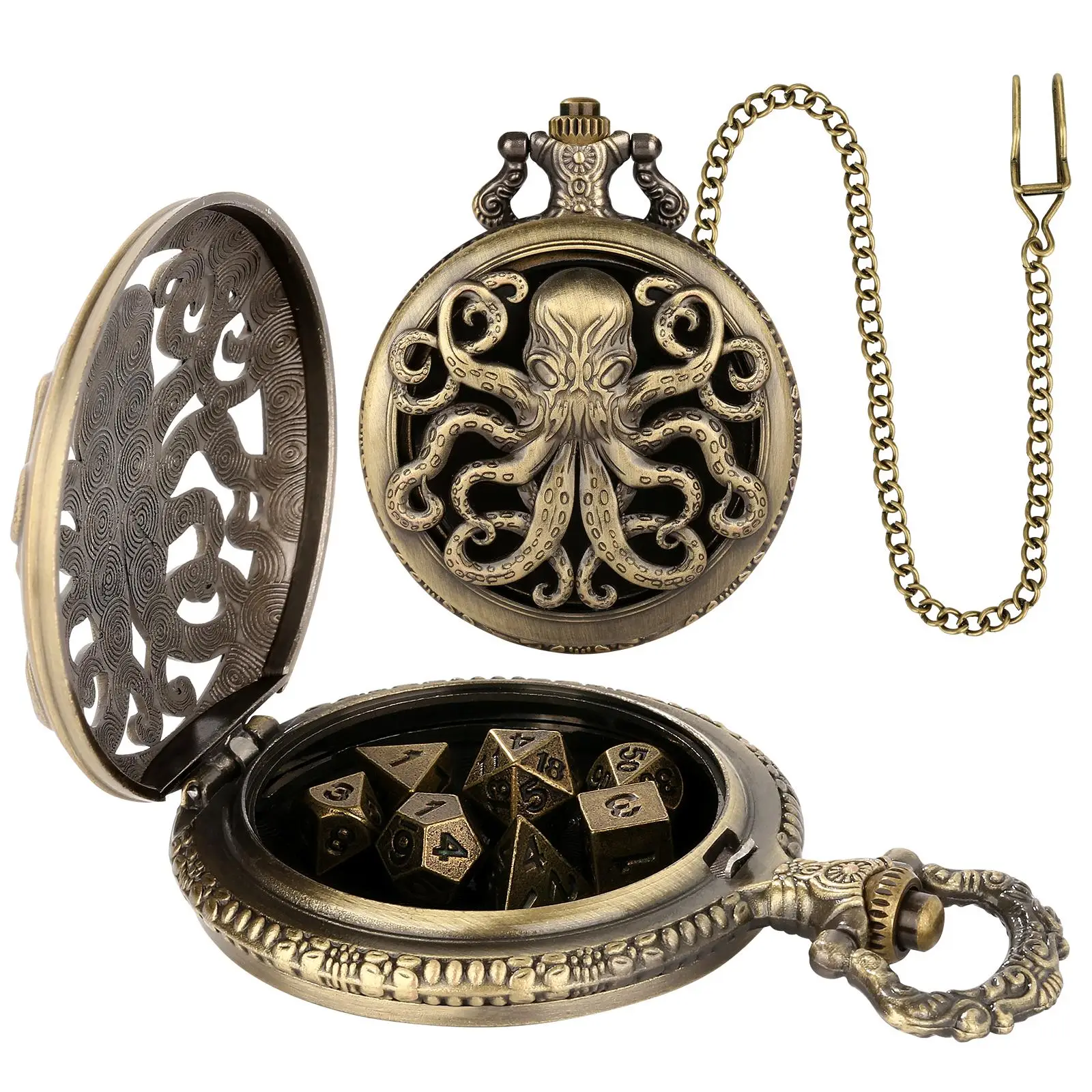 Steampunk Octopus Design Pocket Watch Case with Dice Set, 1 Set Vintage Design Dice Set with Gift Box, Role Playing Board Game Accessories