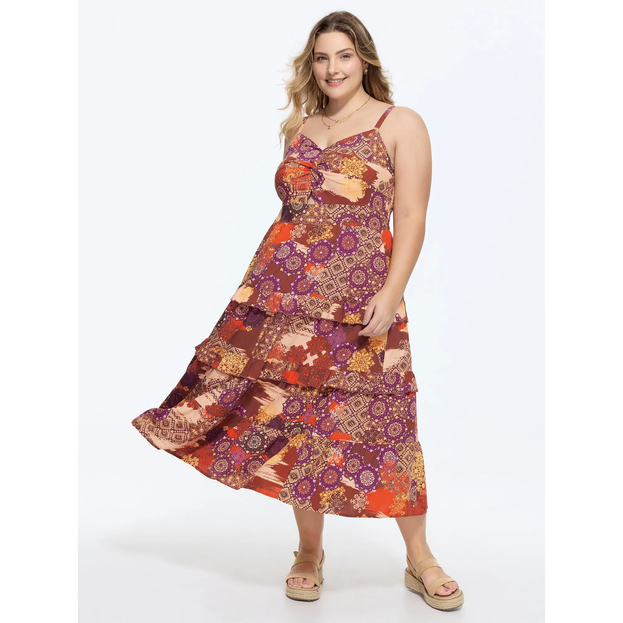 BloomChic Women's Plus Size Boho Maxi Dress, Casual Sleeveless Summer Everyday Dress in Smooth Ethnic Floral Rayon with a Twist-Front and Smocked Back