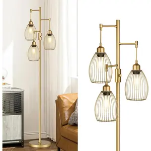 Dimmable Industrial Floor Lamps for Living Room,  Tree Standing Tall Lamps with 3 Elegant Teardrop Cage  & 800 Lumens LED Bulbs for Bedroom Office