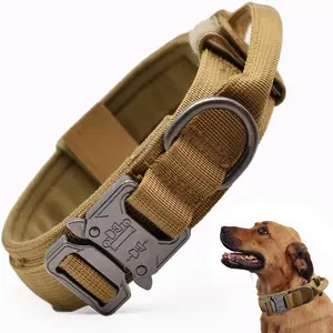 Tactical Dog Collar Adjustable Military Nylon Dog Collar with Control Handle and Heavy Duty Metal Buckle for Medium and Large Dogs Khaki