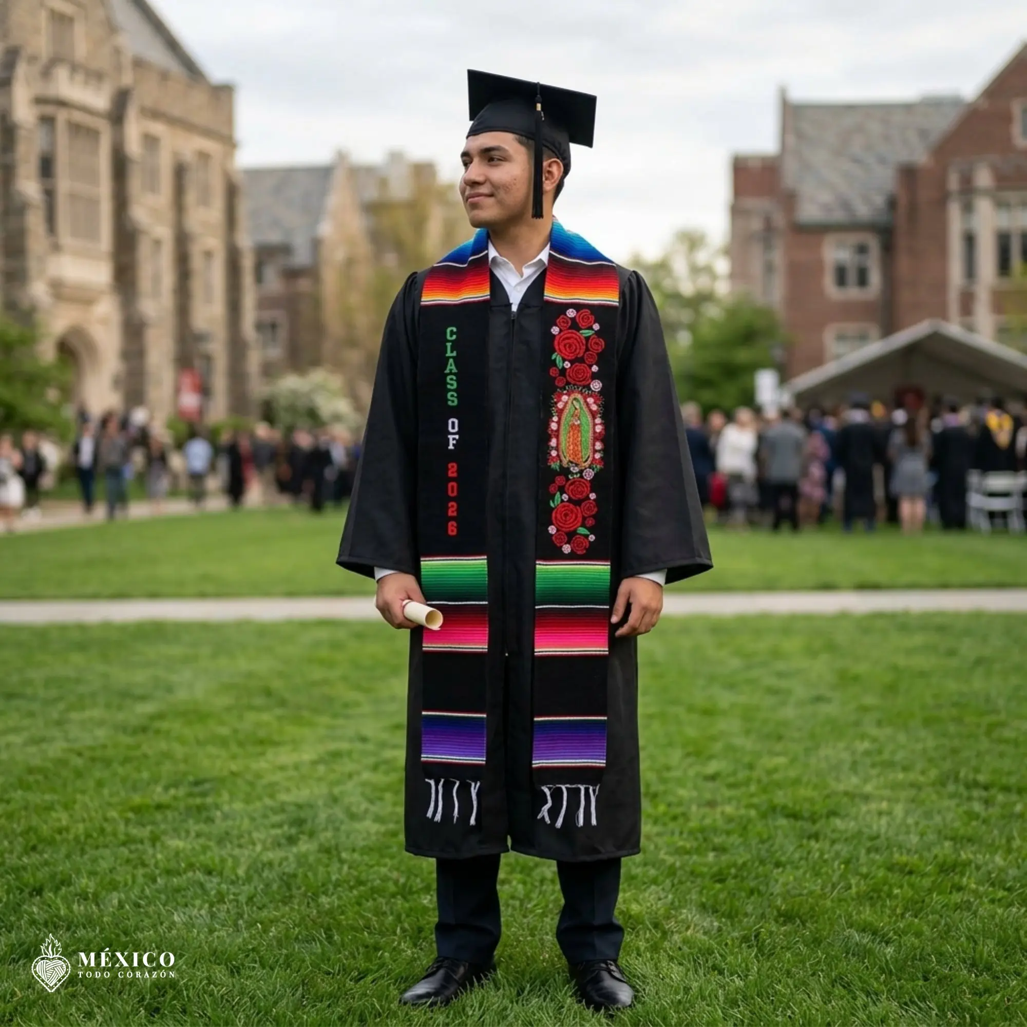 Unisex Mexican Graduation Stole - Virgin Of Guadalupe, Roses, 3D Puff, Class Of 2026, Tricolor Unique Design, Reversible Graduation Scarf, Acrylic Accents, 78x5 in Sarape Fabric, Customizable Culturally Significant Achievement Accessory