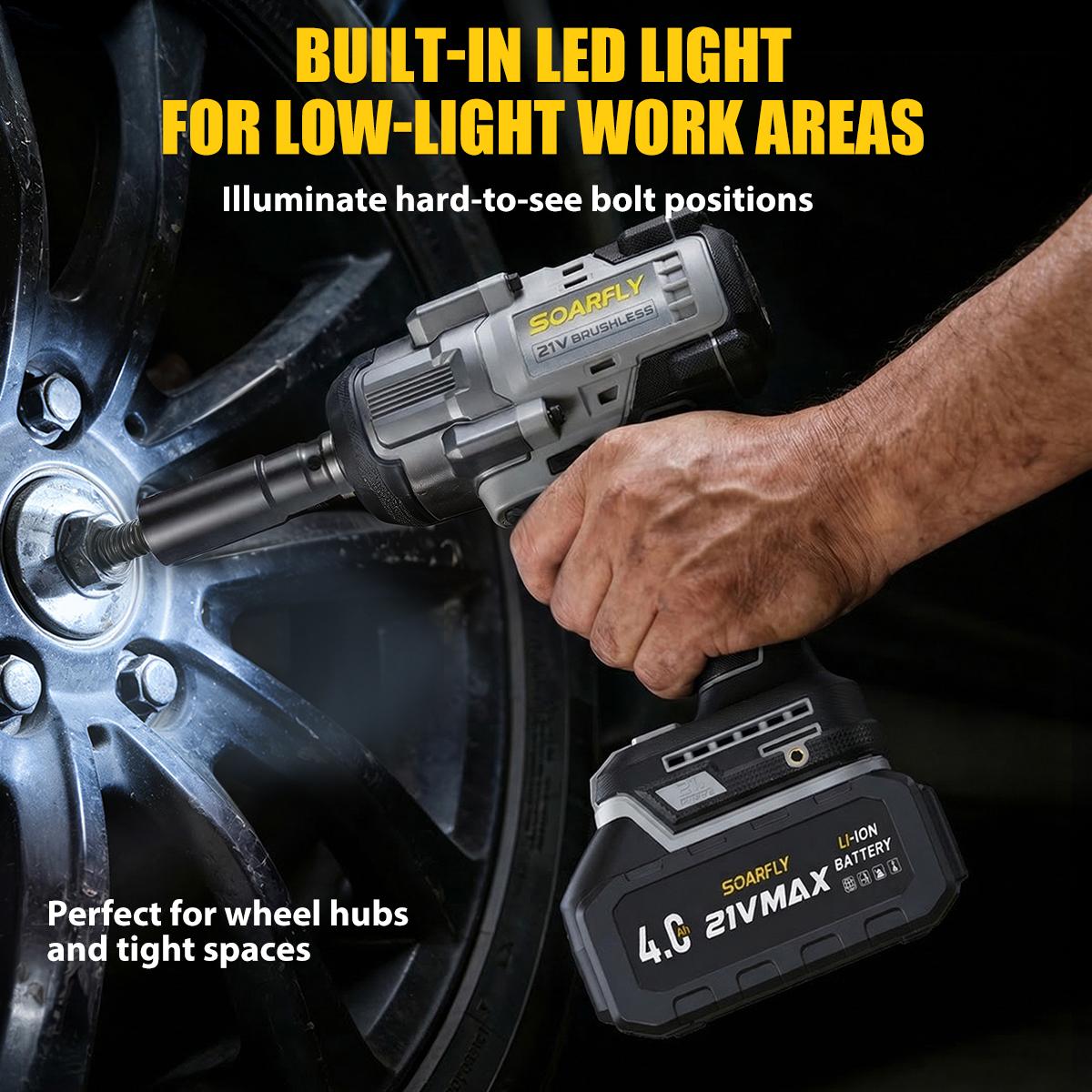 SOARFLY 900NM Electric Wrench For Automobiles, Car, Trucks, With 2x 4.0Ah Batteries, Fast Charger,  5 Sockets