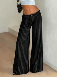Women's Striped Wide-Leg Pants, Elegant Street Style Straight Leg Long Trousers, Casual Streetwear Trousers, Casual Lounge Pants, Casual Fitted H-Type Design, All Seasons Wear, Womenswear
