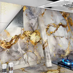 Gold Marble Self-Adhesive Wallpaper, Marble Backsplash Wallpaper, Decorative Peel and Stick Wallpaper Designs, Anti-Tile Kitchen Stove Thick PVC Oilproof Patch, Durable Wallcovering for Home Decor