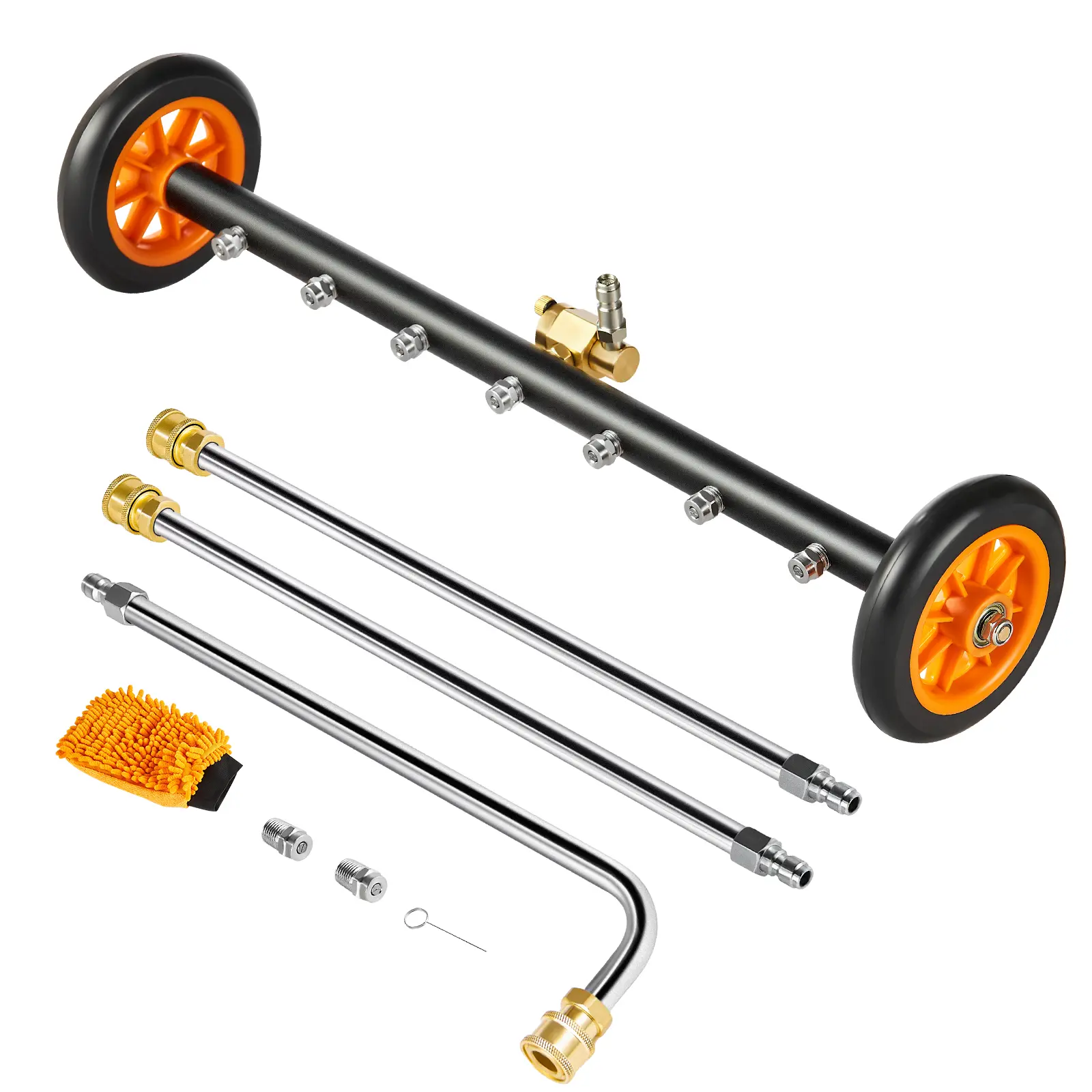 【BackToSchool】VEVOR 24" High-Pressure Hose-Powered Pressure Washer Undercarriage Cleaner Tool, 2 Wheels, 2 Extended Wands, Extension Rod, Nozzles, 4000 PSI Max, Cleaning Gloves Set for Car Vehicle Cleaning, Father's Day Gift, Extension Rods, 2-In-1 Cleani