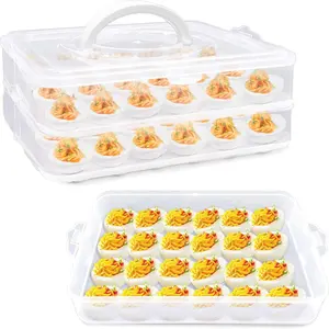 2 Layers Deviled Egg Containers with Lid,48 Slots Deviled Eggs Holder with Handle,Plastic Egg Tray,Portable Egg Storage Carrier Platter for Easter,Thanksgiving Day,Party,Picnic