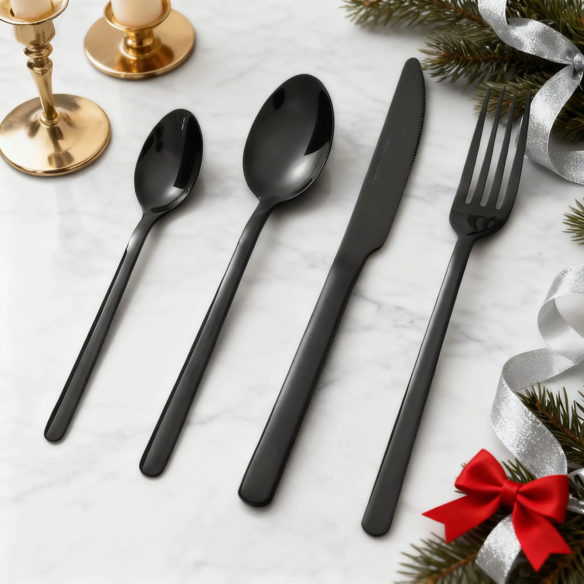 Matte Black Stainless Steel Tableware Set, 24-Pcs Elegant and Functional Dinnerware Service Set for 6, Dishwasher-Safe Cutlery Including Forks, Spoons, Knives for Home Kitchens