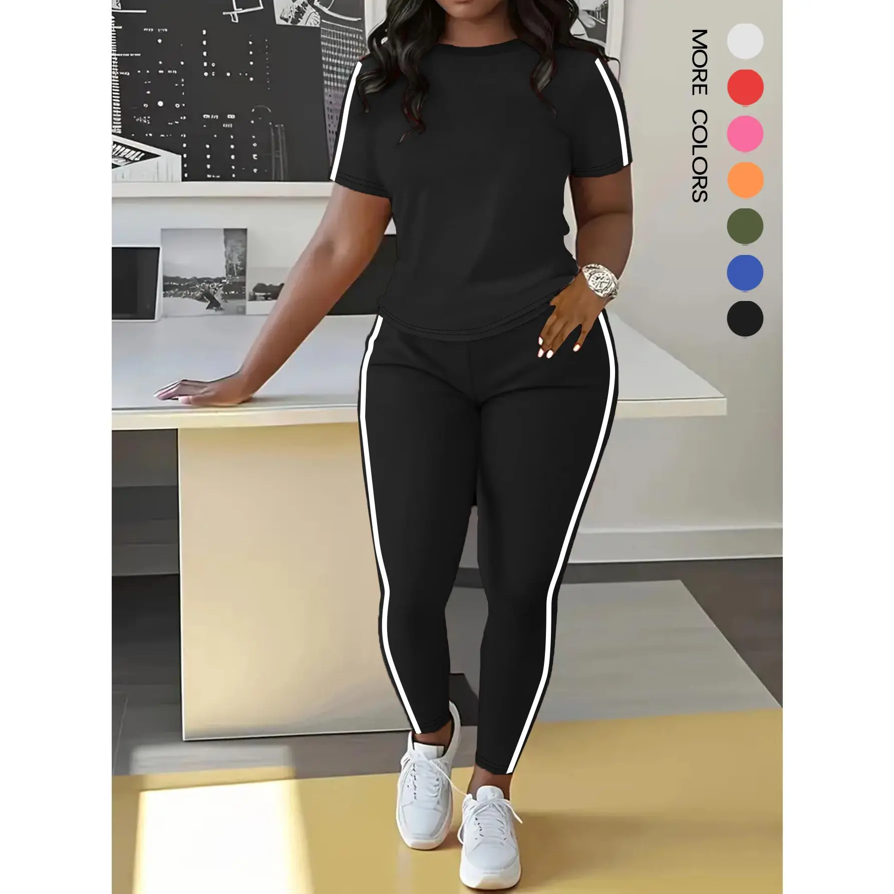 AUXDIO Women's 2-Piece Chic Preppy Striped Athleisure Set - Round Neck Short Sleeve Tee & Side Slit Pants, Stretch Soft Polyester, Tall Girl Friendly, for Daily Summer, Party, Exercise, Woman 2 Piece Set, Crew Neck