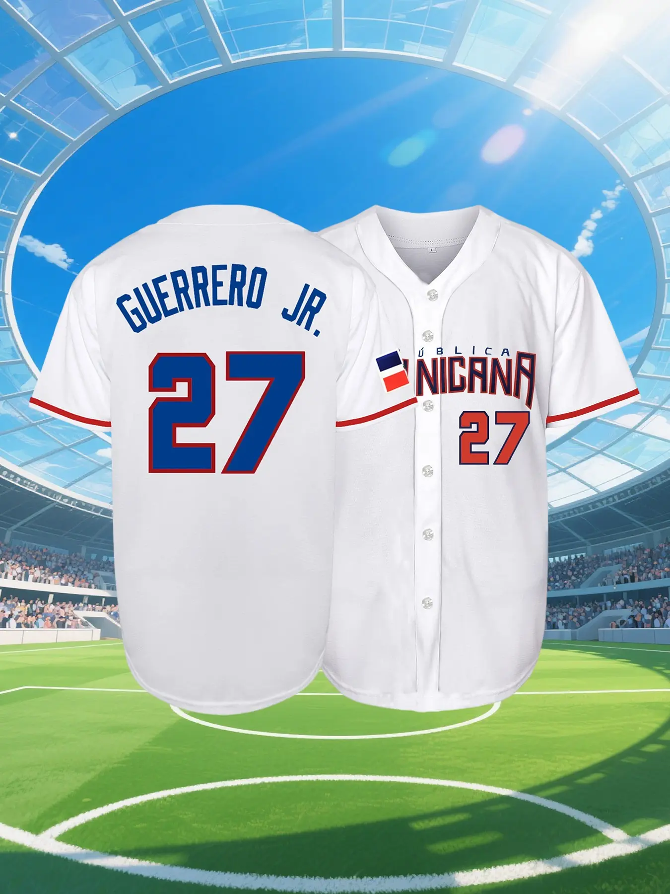 Men's Letter & Number Stitched Button Front Baseball Jersey, Sports Jersey, Sports Clothing, Sportswear Clothing, Loose Short Sleeve V Neck DOMINICANA 27 Baseball Top, Sports Tops for Fall & Winter, Baseball Shirt