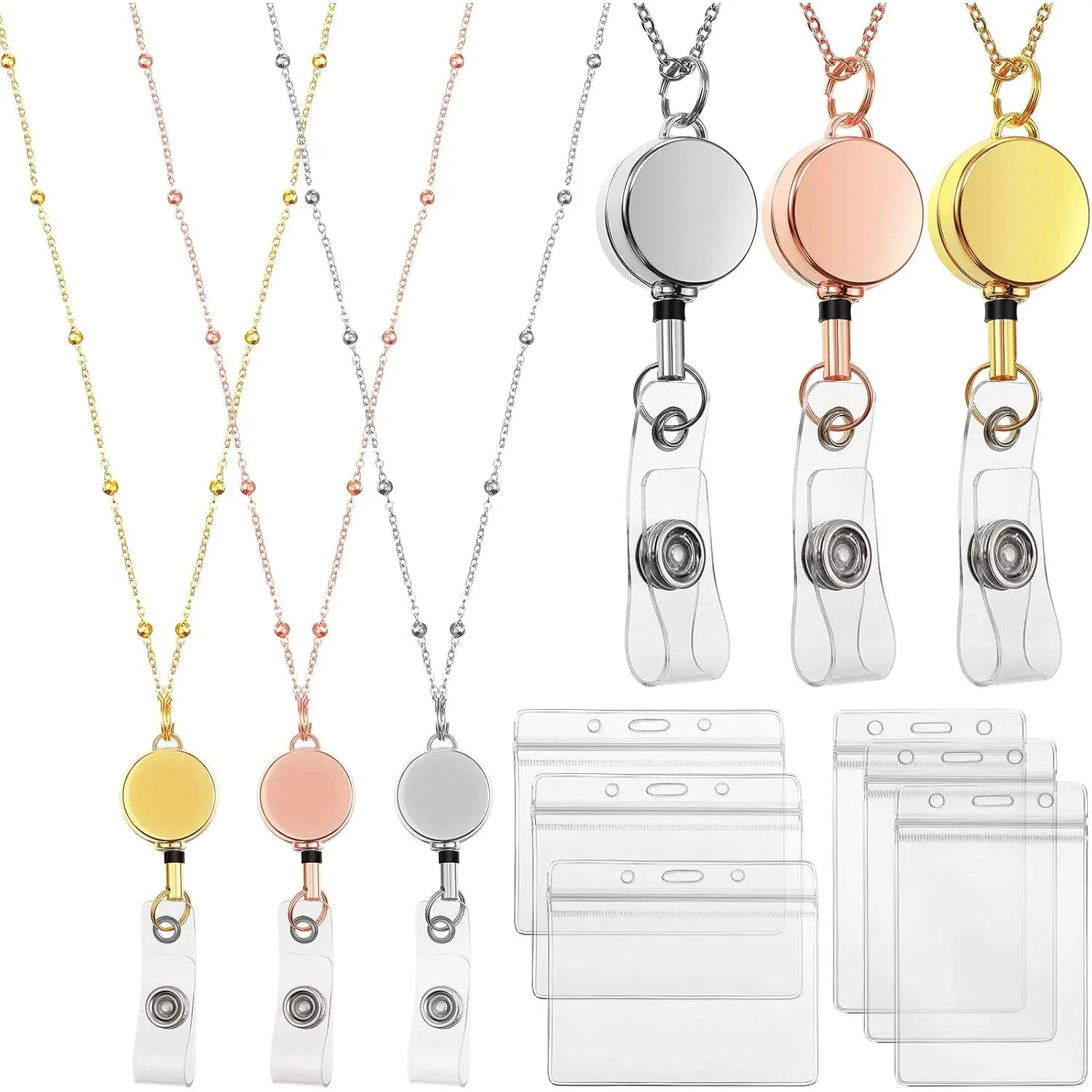 Retractable Badge Reel Lanyard with ID Holder, 3 Count Beaded Badge Lanyard Necklace with 6 Waterproof Name Card Holder Stainless Steel ID Holder Necklace for Women Men