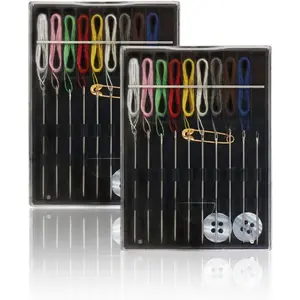 2 Boxes Easy Pre-Threaded Needle Kit Small Home Travel Sewing Box with Pins Buttons Each Box Contains 10 Pieces