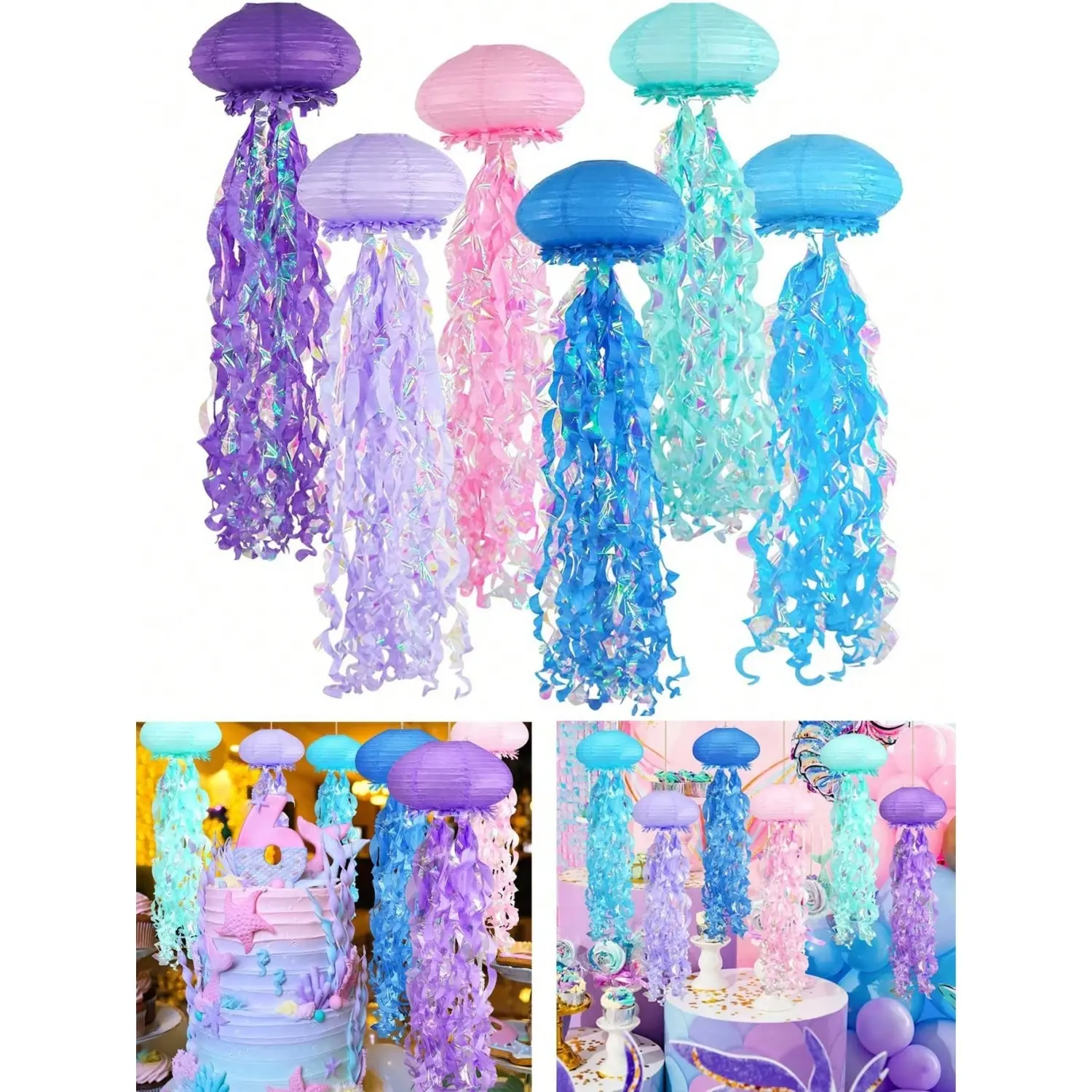 6-Piece Colorful Hanging Jellyfish Paper Lanterns Set, Decorative Ornament, Gradient Colors for Mermaid Theme Party Decorations, Party Accessory, Ocean Birthday & Wedding Supplies, Ornaments Decor