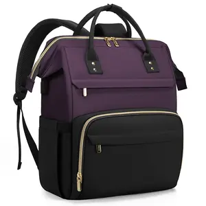 Laptop Backpack Purse for Women, 17 Inch Computer Business Stylish Backpacks, Doctor Nurse Bags for Work, Casual Daypack Backpack with USB Port, Dark Purple-Black