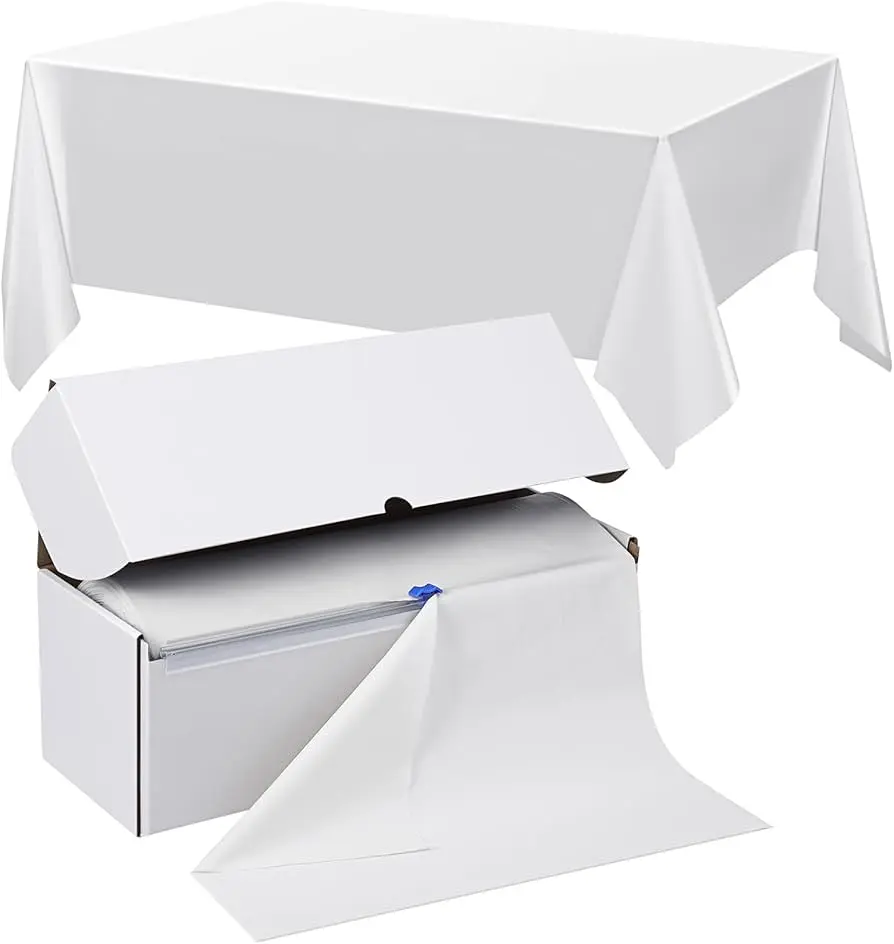 Boxed Plastic Table Cover Roll - 300ft Classic Disposable Tablecloth for Parties Events Banquets Easy to Use Convenient Storage