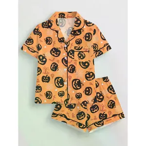 Women's Halloween Pajama Set - Pumpkin & Bat Print, Soft Fitted Short Sleeve Top & Elastic Shorts for a Cozy Night In