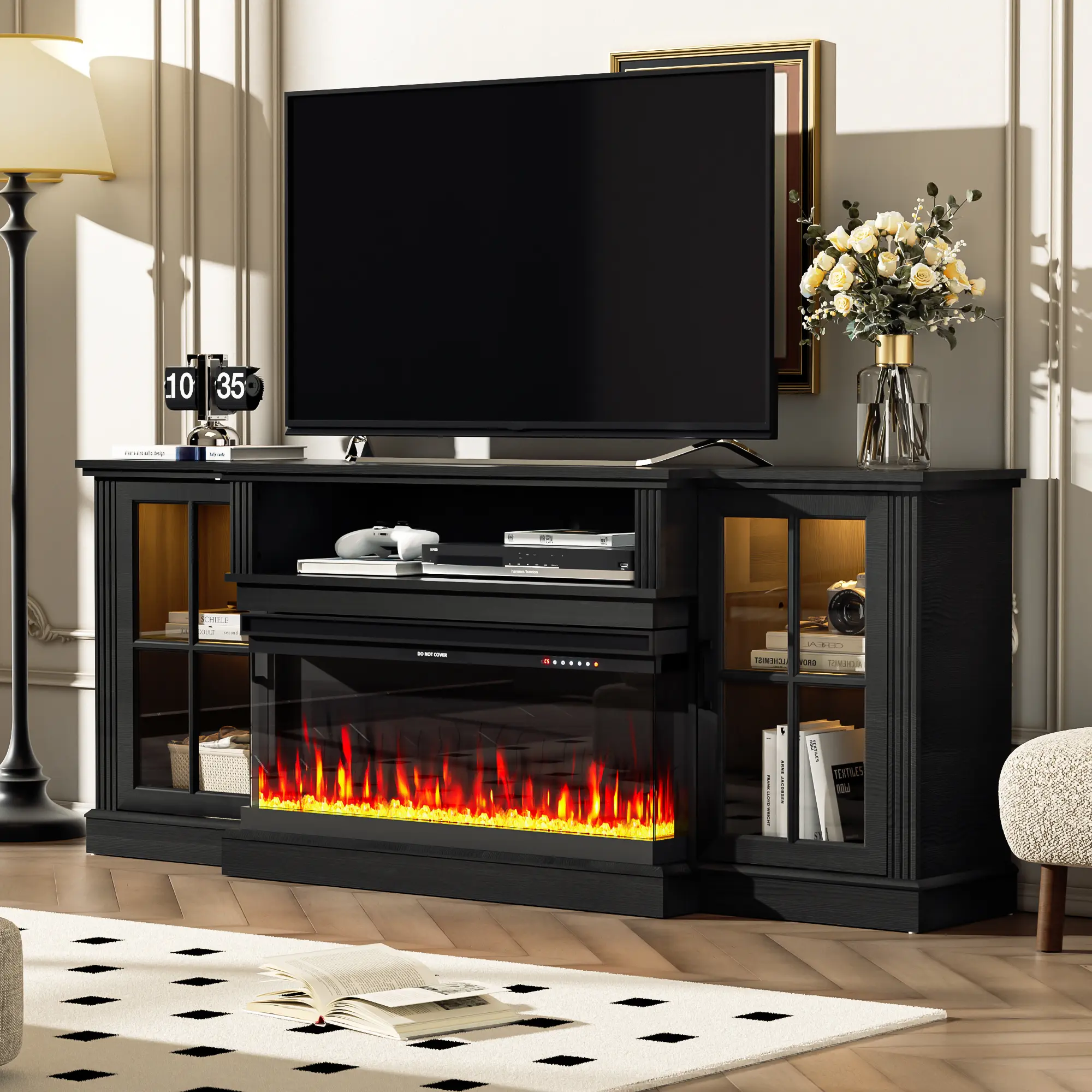 【2 Packages Shipping】AHB Modern Wood LED TV Stand - 70" Fireplace Entertainment Center for Up to 80" TVs, 34" 3-Sided Electric Fireplace Highboy Console Cabinet with LED Lights & Glass Doors (2 Packages Shipping), Led Tv Stands Tv Shelf homeessentials