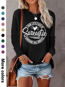 Women's Letter & Heart Print Round Neck Tee, Casual Long Sleeve Crew Neck T-shirt for Daily Wear, Ladies Clothes for All Seasons