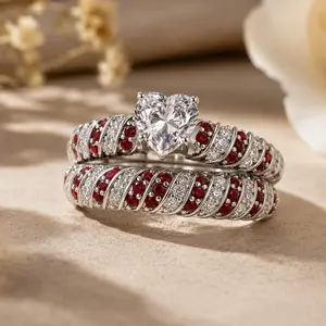 Crimson Heart Halo Ring Set – Silver Tone Twisted Band Couple Ring with Ruby Red Crystal Accents