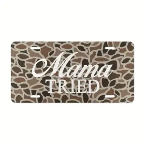 Old School Camo "Mama Tried" Vanity Plate, License Plate, Truck Car Tags, Gifts for Him, Hunting, Aluminum Front License Plate- 6X12- Inch Polished Metal Standard Plate, Easy to Install, Car Trim Accessories, for Decor Only, Made in USA