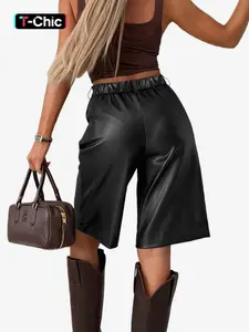 High-Waisted Loose-Fit Five-Quarter Pants, PU Leather Seven-Quarter Pants for Women, Casual, Retro Chic Boot Cut, Slimming Wide Leg, Spring & Fall Shorts