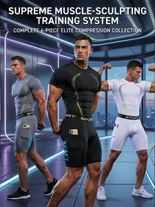 Men's 6-Piece Elite Compression Suits Set - 3 Full Sets Gym Workout Short Sleeve Shirts & Pocket Spandex Shorts, Ergonomic Muscle Support Fitness Training System summergarden