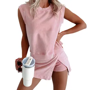 Mntaor Women's Casual 2 Piece Mineral Wash Cotton Tank Top and Lined Split Skirt Set in Solid Color - Womenswear, Clothes, Fit Basic