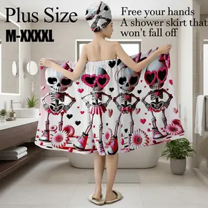 Large Size M-XXXXL Cute Skull Print Bathrobe Hair Dryer Hat Set, Women Non-Slip Adjustable Bathrobe, Ideal for Bathroom, Spa, Halloween, Gothic Parties