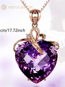 Heart Shaped Amethyst Pendant, 18k Plated, Colored Gemstone, Natural Diamond, Women's Clavicle Chain + Pendant, Heart Design Necklace