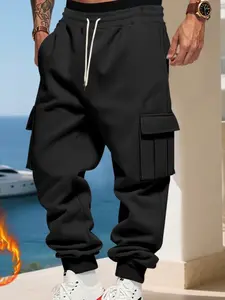 Men's loose-fitting fleece Cargo work pants, casual outdoor workwear sport pants, 9 colors available. Thickened skinny pants in American style for autumn and winter.