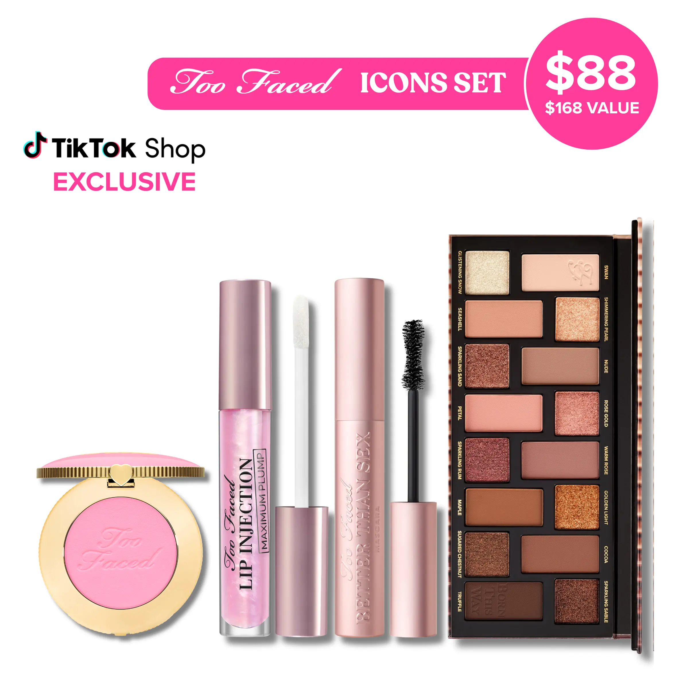 Too Faced Icons Set - Better Than Mascara, Lip Injection Maximum Plump Lip Plumper Gloss, Born This Way The Natural Nudes Eye Shadow Palette, Cloud Crush Blush Candy Clouds