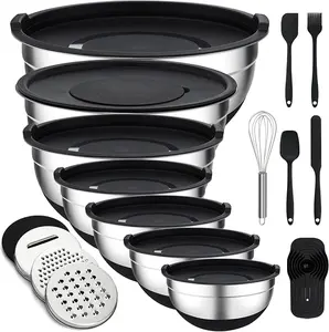 Mixing Bowls with Lids Set - 7 Pcs Stainless Steel Mixing Bowls with 3 Grater Attachments, Non-Slip Silicone Base Mixing Bowl Set for Kitchen