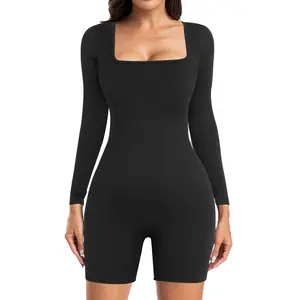 Women’s Yoga Jumpsuits Workout Ribbed Long Sleeve Square Neck Sport Jumpsuits Rompers
