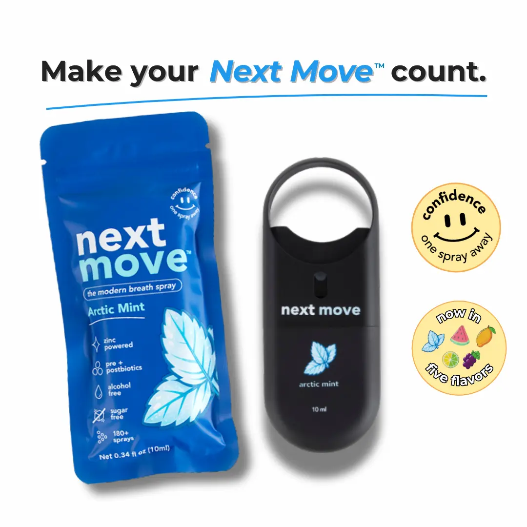 Next Move Breath Spray | Zinc Oral Spray for Fresh Breath | Pre + Postbiotic Formula | Sugar-Free Alcohol-Free | Loop-Top Keychain Bottle | Multiple Flavors and Pack Sizes