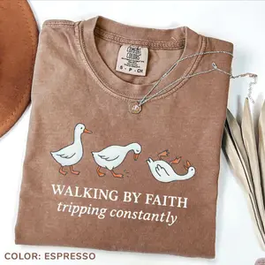 Comfort Colors Christian Goose Shirt, “Walking by Faith, Tripping Constantly” Tee, Funny Bible Quote T-Shirt, Three Goose Graphic, Inspirational Gift for Believers