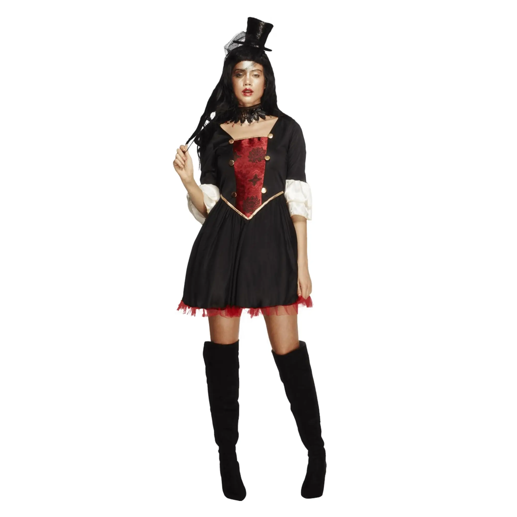 Women's Gothic Vampire Costume Dress, Satin Style Gown with Ruffled Sleeves and Detachable Lace Collar for Halloween, Clothes, Accessories, Twist, Button, Piece, Original