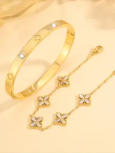2pcs of elegant stainless steel bracelets, Matching bracelets, adorned with delicate floral patterns, suitable for daily commuting, dating, party gatherings; a charming gift for her to showcase fashion taste Elegant Bangle