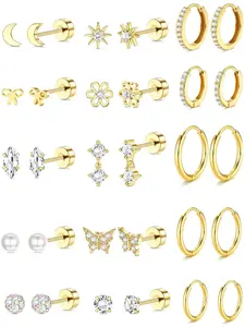 15 Pairs 14K Gold Plated Flat Back Earrings Hypoallergenic Surgical Stainless Steel Stud Hoop Earrings for Women Girls Cute Stud Earring Set Small Huggie Hoops Cartilage Earring Stacks Flower Earrings