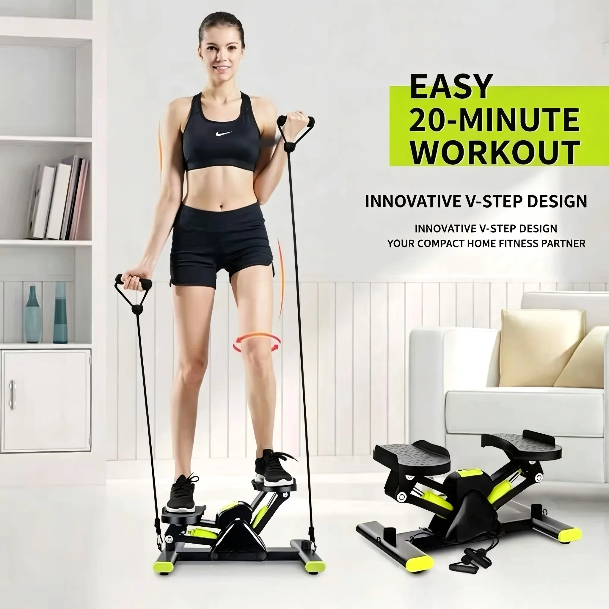 V Shape Dual Hydraulic Mini Stepper, Portable Stair Step Machine with 2 Resistance Bands, Quiet Leg and Arm Training Equipment for Home Use