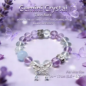 Zodiac Gemini Crystal Bracelet with Amethyst, Blue Lace Agate & Clear Quartz - Handmade Women's Astrology Jewelry