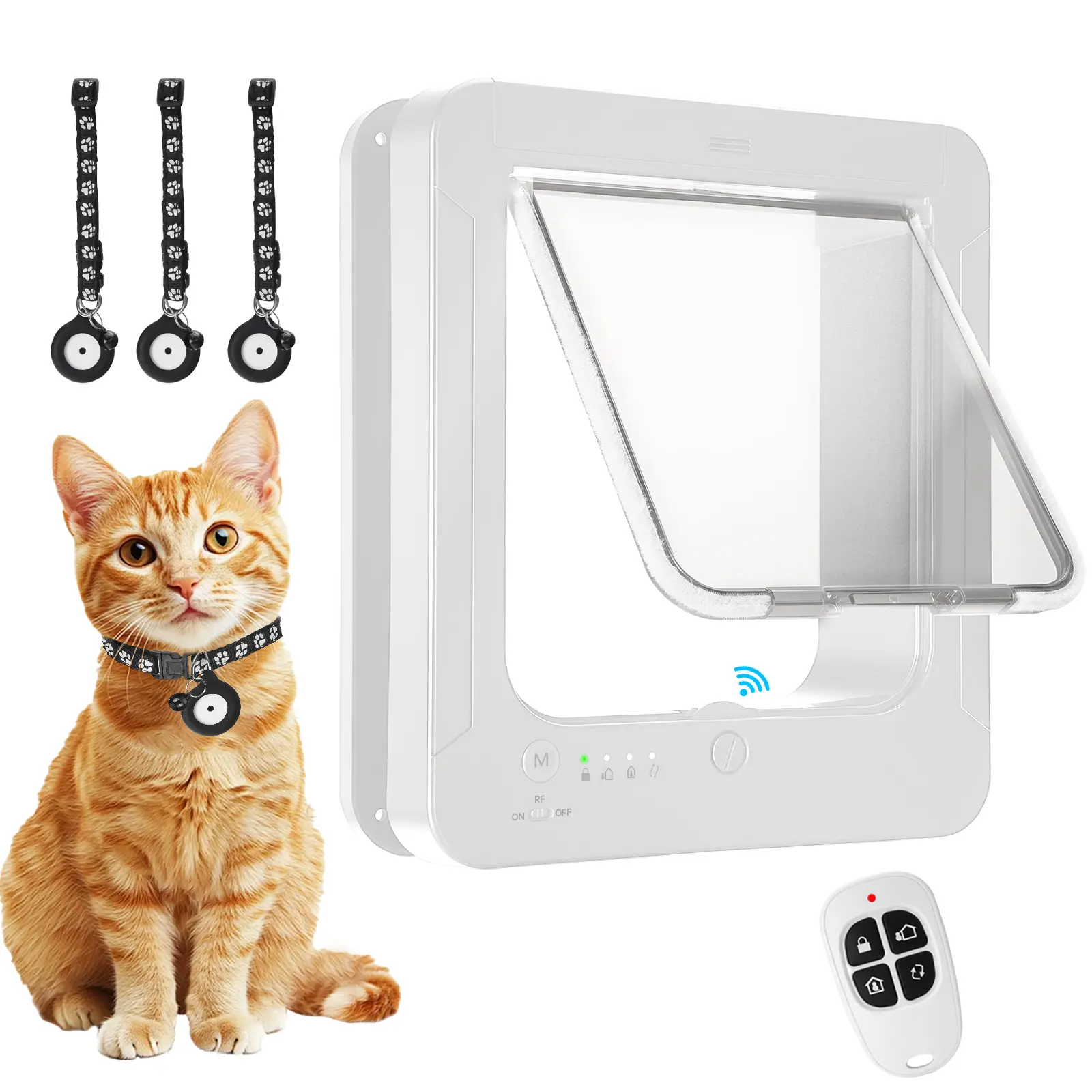 Smart Cat Door for Interior & Exterior with 3 RFID Sensor Keys 1 Remote Control 4 Way Locking Cat Flap Battery Powered Universal Pet Door