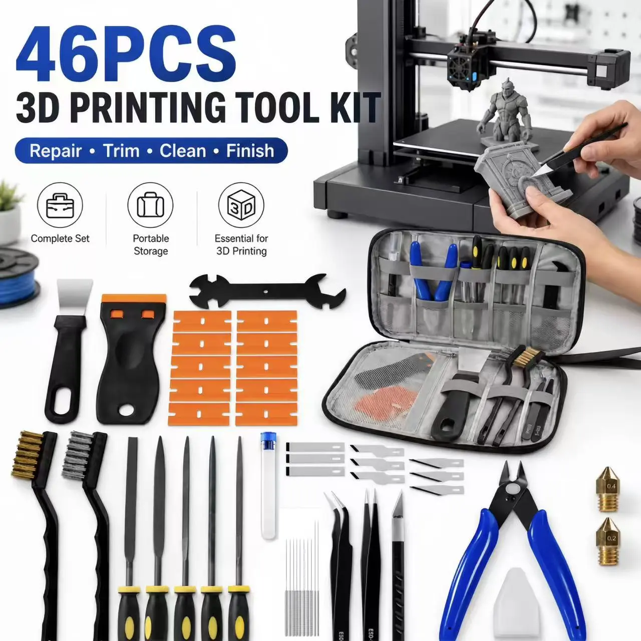 46PCS 3D Printer Tool Kit with Storage Case, Nozzle Cleaning Needles, Scraper, Cutter, Files, Tweezers & Brushes for FDM Printer Maintenance