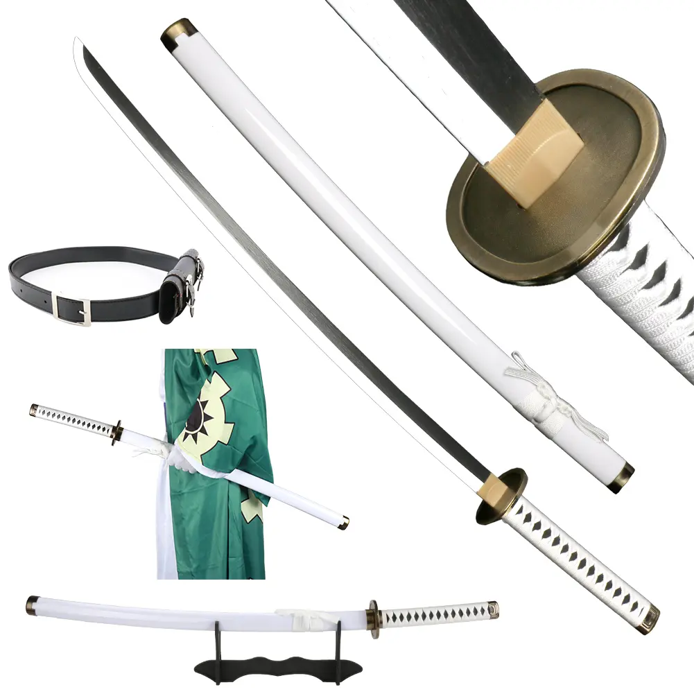 ELERVINO 41in Plastic Anime Sword - Roronoa Zoro Cosplay Props Wado Ichimonji (1x Holder, 1x Sword, 1 Black Belt, 1.1lb) with Wood Stand, 12+ Yrs Gift for Anime Role-Playing, Collectibles, Decoration