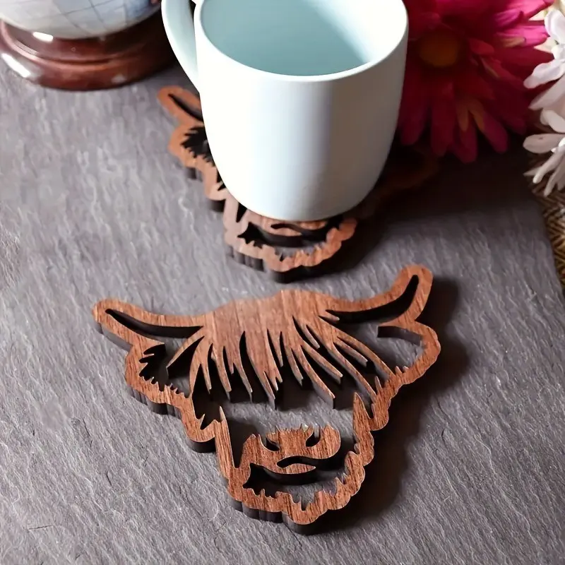 Wooden Highland Cow Coasters, Cattle Tableware Mats, DIY Craft for Aesthetic Wedding Party Decor, Unique Rustic Home Accessories