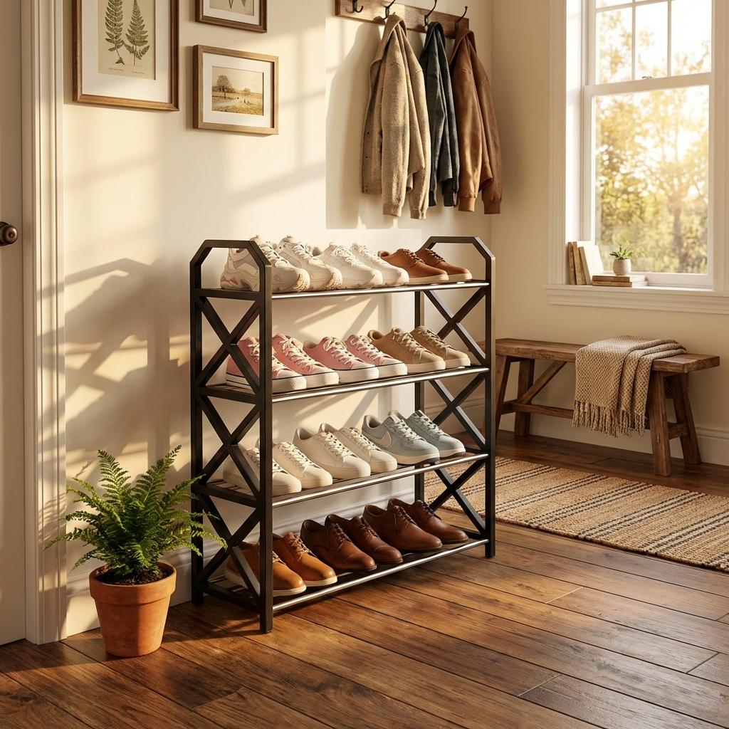 4-Tier Metal Shoe Rack Stand for Entryways Bedrooms Living Room Sturdy Freestanding Organizer Lightweight No Assembly Required Home Essentials Shoe Rack Tower