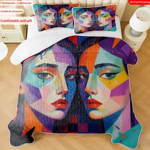 3 pcs, 2D Flat Print Abstract Geometric Portrait Bedspread Set, Soft and Comfortable, Multiple Sizes Available, Suitable for Gifting and Daily Use, Ideal for Creating a Cozy Home Atmosphere(1 bedspread , 2 pillowcases)